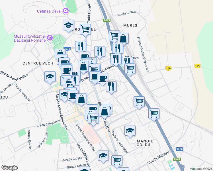 map of restaurants, bars, coffee shops, grocery stores, and more near Strada Ion Luca Caragiale in Deva