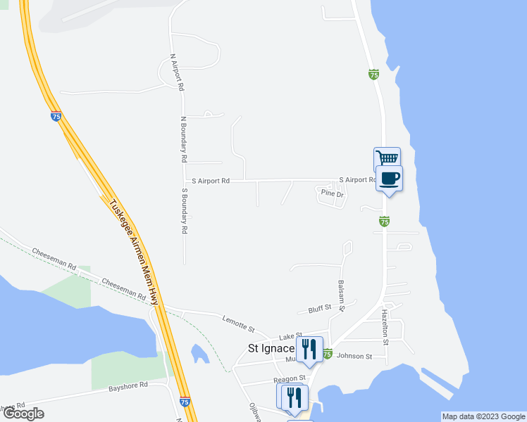 map of restaurants, bars, coffee shops, grocery stores, and more near 125 Sorrels Drive in St. Ignace