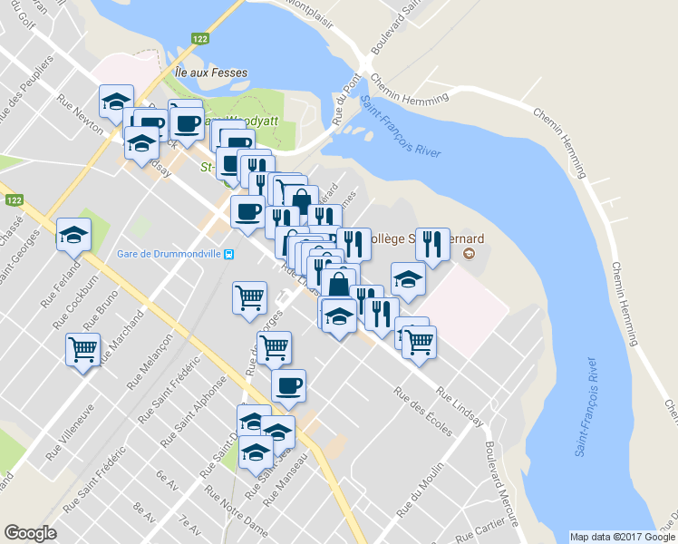 map of restaurants, bars, coffee shops, grocery stores, and more near 412 Rue Brock in Drummondville