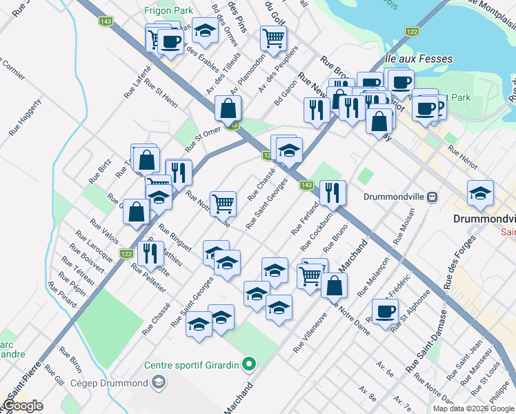 map of restaurants, bars, coffee shops, grocery stores, and more near 497 Rue Saint-Georges in Drummondville