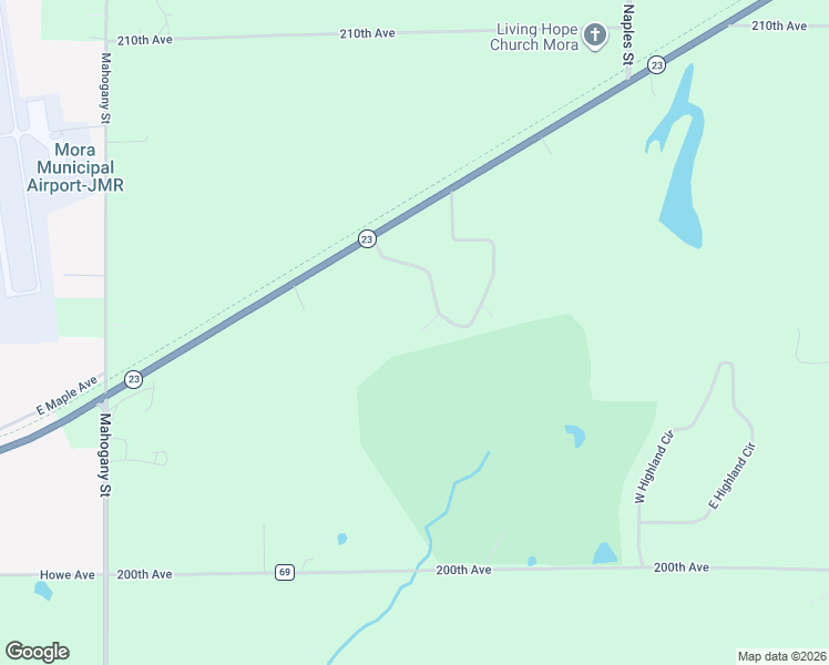 map of restaurants, bars, coffee shops, grocery stores, and more near 2029 West Spring Brook Trail in Mora