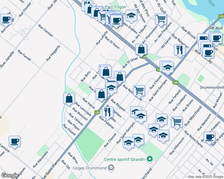 map of restaurants, bars, coffee shops, grocery stores, and more near 533 Rue Saint-Pierre in Drummondville