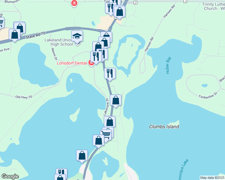 map of restaurants, bars, coffee shops, grocery stores, and more near 8622 U.S. 51 in Minocqua