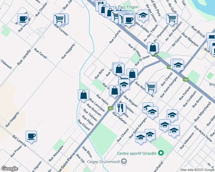 map of restaurants, bars, coffee shops, grocery stores, and more near 576 Rue Leclerc in Drummondville