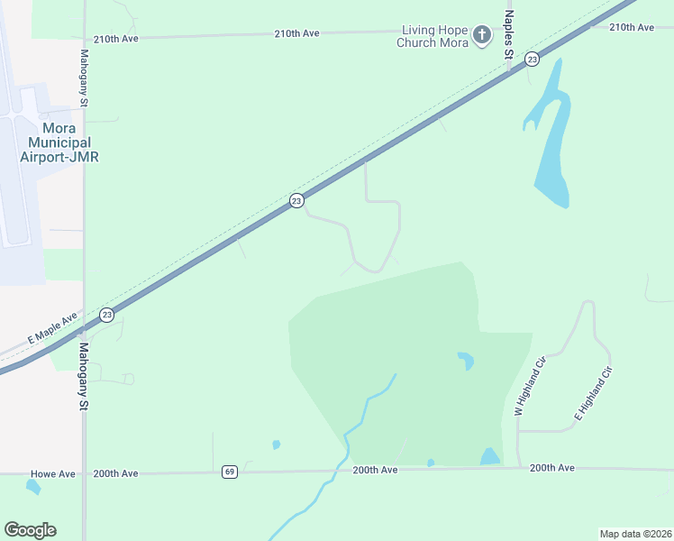 map of restaurants, bars, coffee shops, grocery stores, and more near 2029 West Spring Brook Trail in Mora