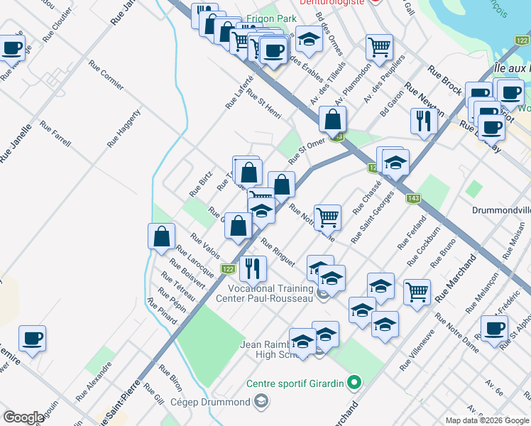 map of restaurants, bars, coffee shops, grocery stores, and more near 533 Rue Saint-Pierre in Drummondville