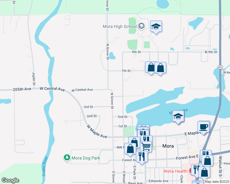 map of restaurants, bars, coffee shops, grocery stores, and more near 520 North Grove Street in Mora