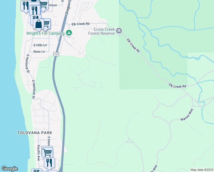 map of restaurants, bars, coffee shops, grocery stores, and more near 82624 Elkwood Mount Road in Cannon Beach