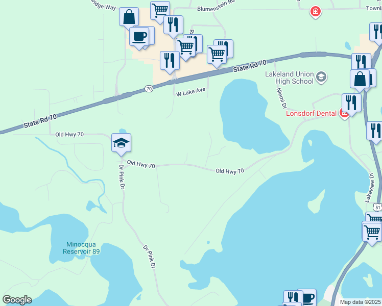 map of restaurants, bars, coffee shops, grocery stores, and more near 9748 Island Estates Place in Minocqua