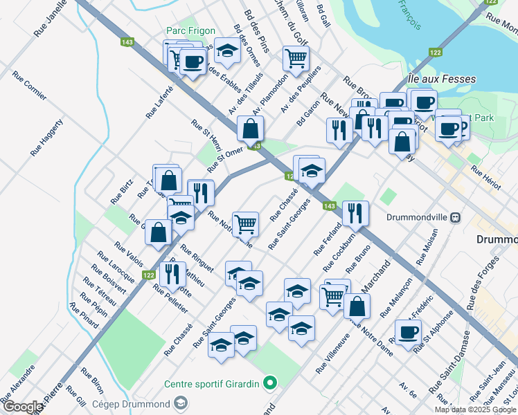 map of restaurants, bars, coffee shops, grocery stores, and more near 473 Rue Turcotte in Drummondville