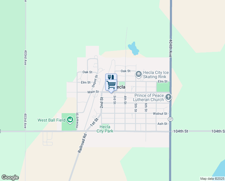 map of restaurants, bars, coffee shops, grocery stores, and more near 222 Main Street in Hecla
