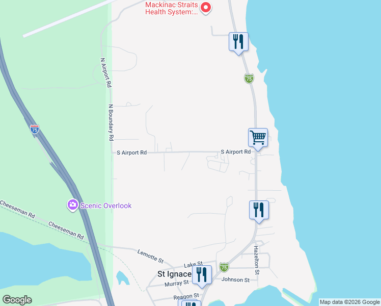 map of restaurants, bars, coffee shops, grocery stores, and more near 250 South Airport Road in St. Ignace
