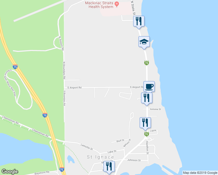 map of restaurants, bars, coffee shops, grocery stores, and more near 250 South Airport Road in St. Ignace