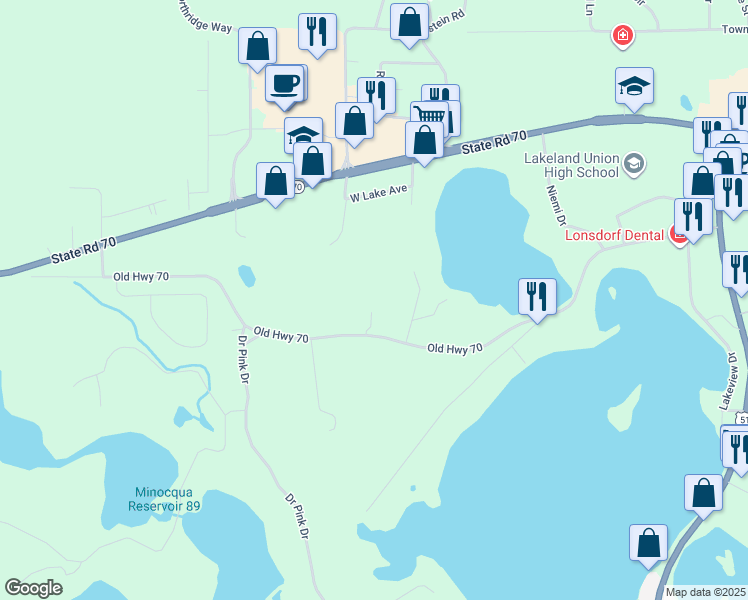 map of restaurants, bars, coffee shops, grocery stores, and more near 9748 Island Estates Place in Minocqua
