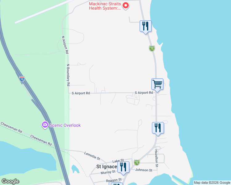 map of restaurants, bars, coffee shops, grocery stores, and more near 250 South Airport Road in Saint Ignace