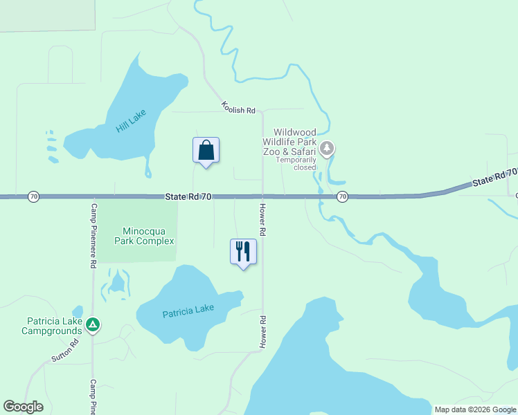 map of restaurants, bars, coffee shops, grocery stores, and more near 10200-10236 Wisconsin 70 Trunk in Minocqua