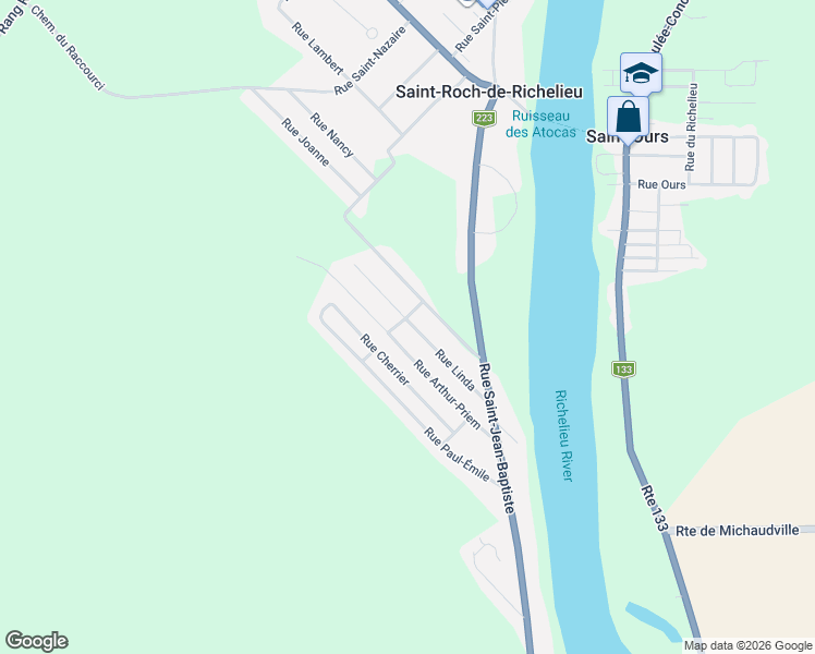 map of restaurants, bars, coffee shops, grocery stores, and more near 369 Rue Linda in Saint-Roch-de-Richelieu