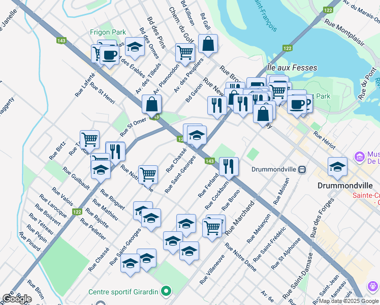 map of restaurants, bars, coffee shops, grocery stores, and more near 425 Rue Chassé in Drummondville