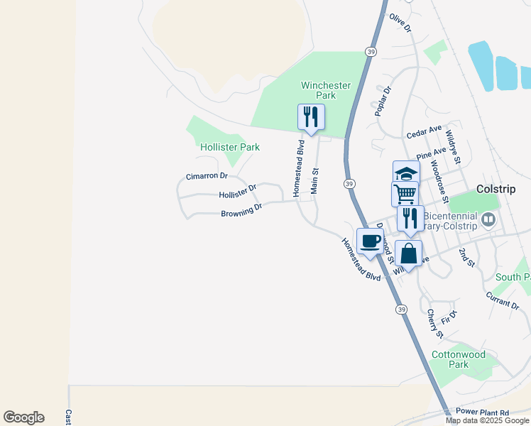 map of restaurants, bars, coffee shops, grocery stores, and more near 6616 Browning Drive in Colstrip
