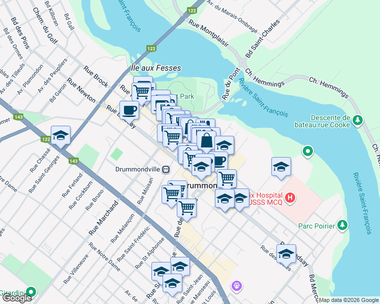 map of restaurants, bars, coffee shops, grocery stores, and more near Rue Brock in Drummondville