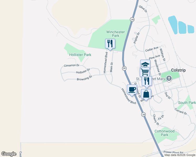 map of restaurants, bars, coffee shops, grocery stores, and more near 6604 Browning Drive in Colstrip