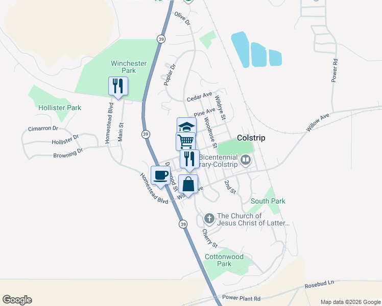 map of restaurants, bars, coffee shops, grocery stores, and more near 38 Box Elder Avenue in Colstrip