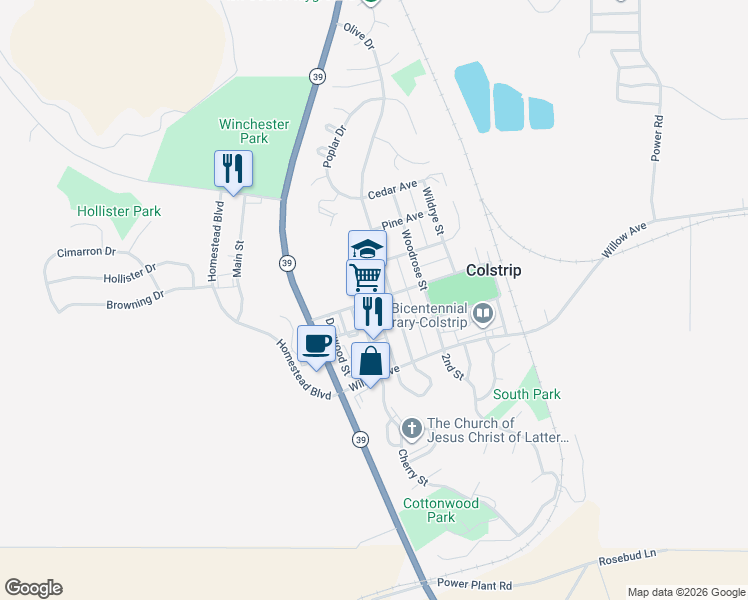 map of restaurants, bars, coffee shops, grocery stores, and more near 38 Box Elder Avenue in Colstrip
