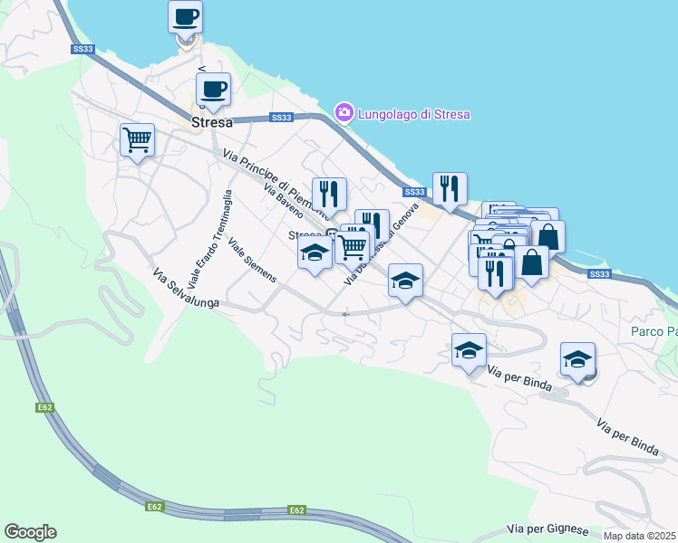 map of restaurants, bars, coffee shops, grocery stores, and more near 9A Via Verdi in Stresa