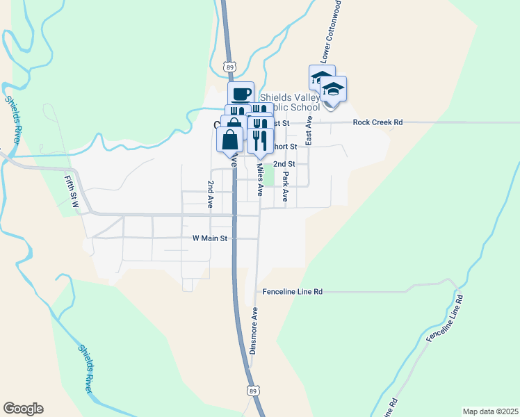map of restaurants, bars, coffee shops, grocery stores, and more near 200 Miles Street in Wilsall