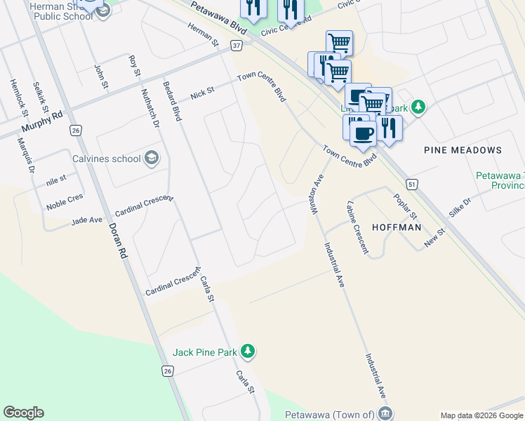 map of restaurants, bars, coffee shops, grocery stores, and more near 39 Chad Street in Petawawa