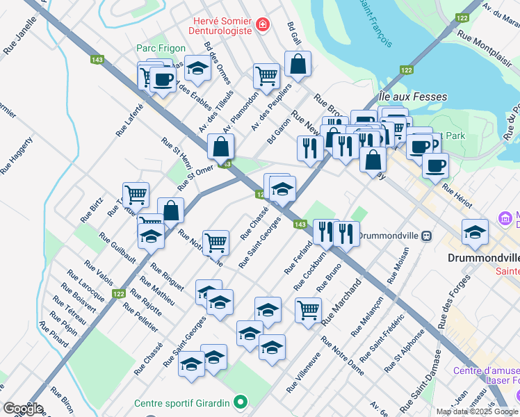 map of restaurants, bars, coffee shops, grocery stores, and more near 425 Rue Chassé in Drummondville