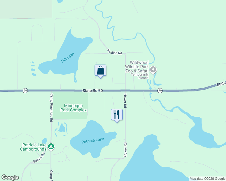 map of restaurants, bars, coffee shops, grocery stores, and more near 10200 Wisconsin 70 Trunk in Minocqua