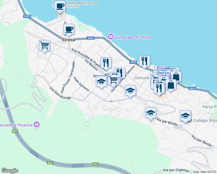 map of restaurants, bars, coffee shops, grocery stores, and more near 9A Via Giuseppe Verdi in Stresa
