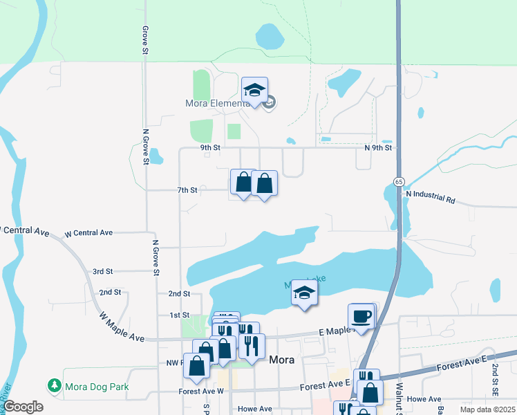 map of restaurants, bars, coffee shops, grocery stores, and more near 117 Villa Avenue in Mora