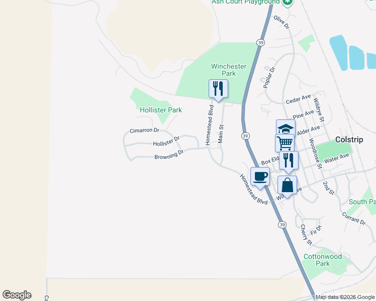 map of restaurants, bars, coffee shops, grocery stores, and more near 6616 Browning Drive in Colstrip