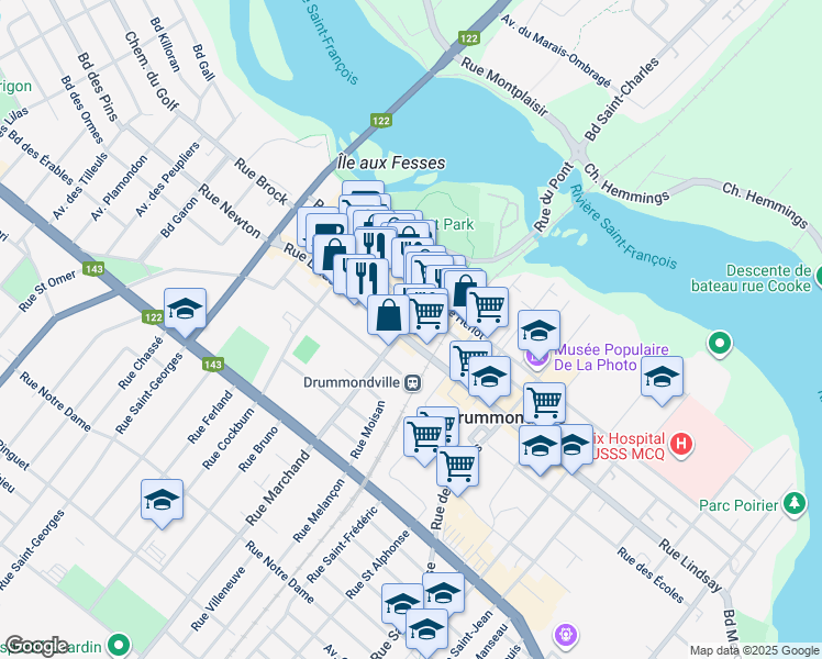 map of restaurants, bars, coffee shops, grocery stores, and more near 243 Rue Lindsay in Drummondville