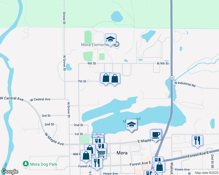map of restaurants, bars, coffee shops, grocery stores, and more near 117 Villa Avenue in Mora