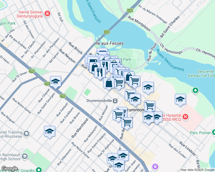 map of restaurants, bars, coffee shops, grocery stores, and more near 227 Rue Lindsay in Drummondville