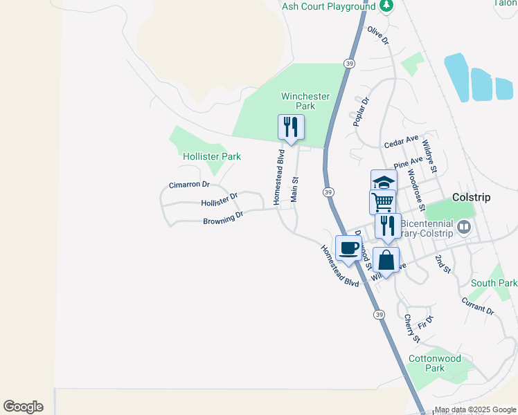 map of restaurants, bars, coffee shops, grocery stores, and more near 6604 Browning Drive in Colstrip