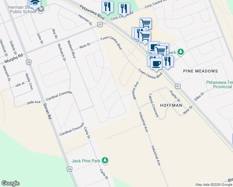 map of restaurants, bars, coffee shops, grocery stores, and more near 5 Drew Street in Petawawa