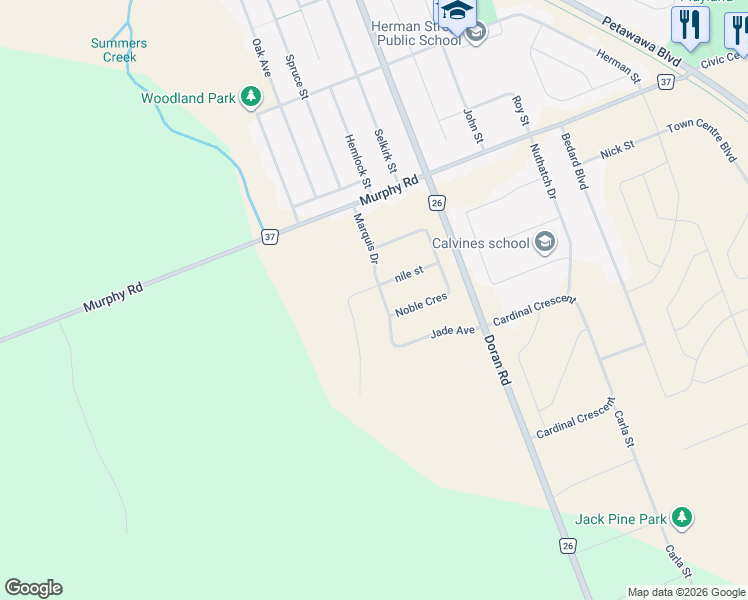 map of restaurants, bars, coffee shops, grocery stores, and more near 32 Marquis Drive in Petawawa