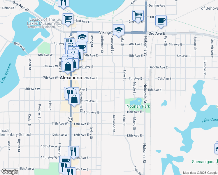 map of restaurants, bars, coffee shops, grocery stores, and more near 802 Kenwood Street in Alexandria