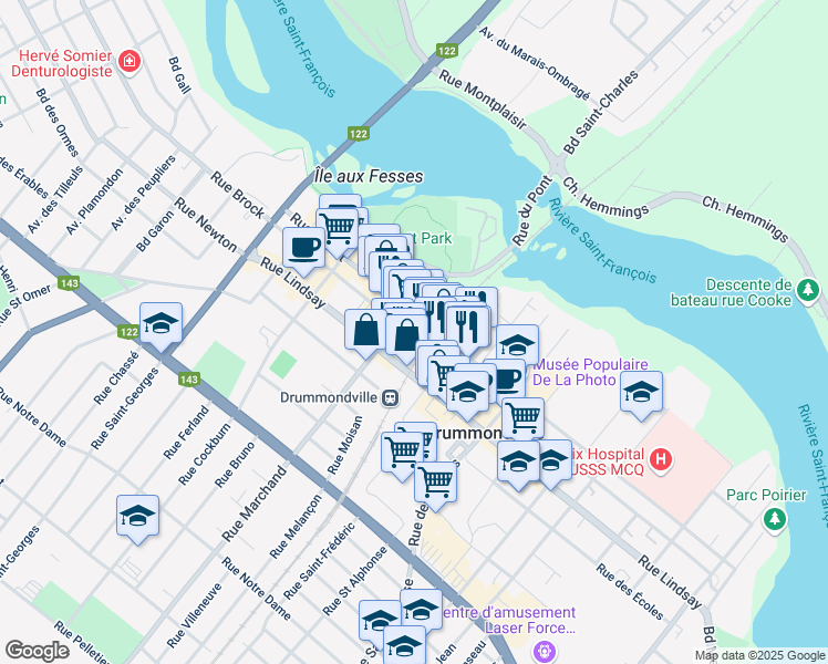 map of restaurants, bars, coffee shops, grocery stores, and more near 260 Rue Brock in Drummondville
