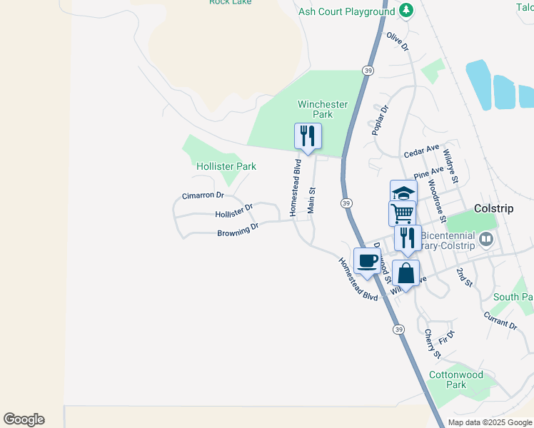 map of restaurants, bars, coffee shops, grocery stores, and more near 6616 Browning Drive in Colstrip