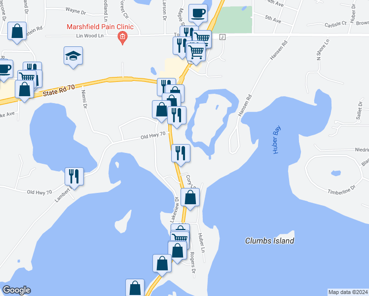map of restaurants, bars, coffee shops, grocery stores, and more near in Minocqua