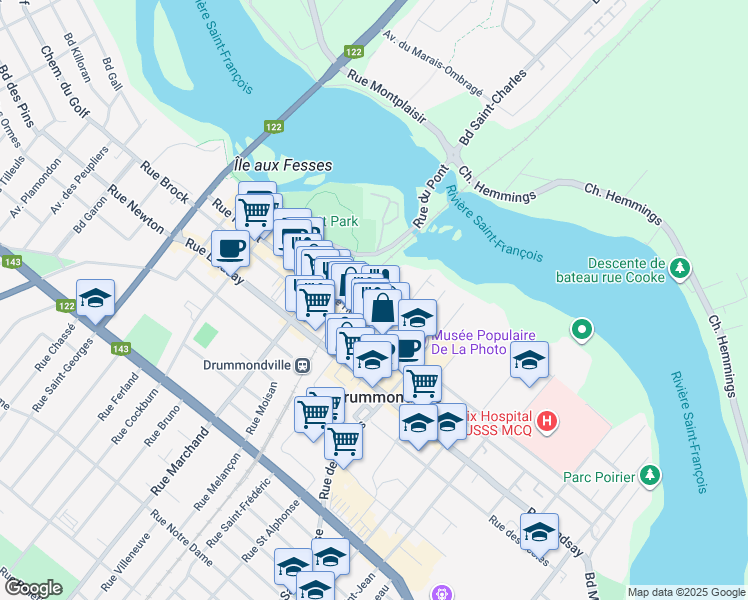 map of restaurants, bars, coffee shops, grocery stores, and more near Rue Bellevue in Drummondville