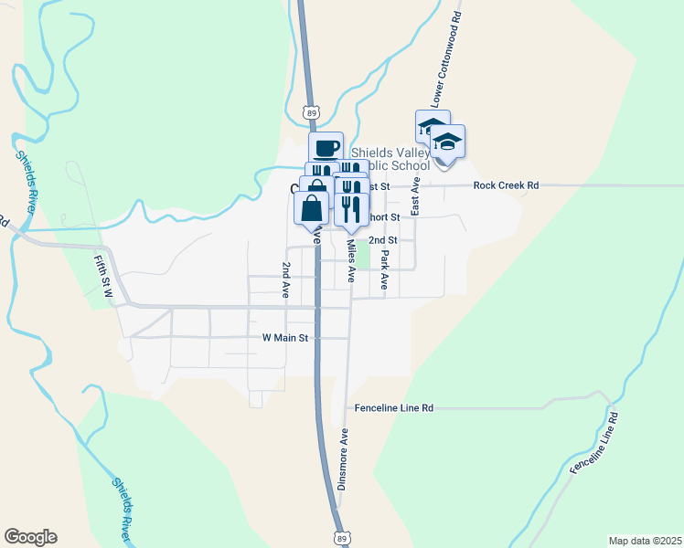 map of restaurants, bars, coffee shops, grocery stores, and more near 200-202 Miles St in Wilsall