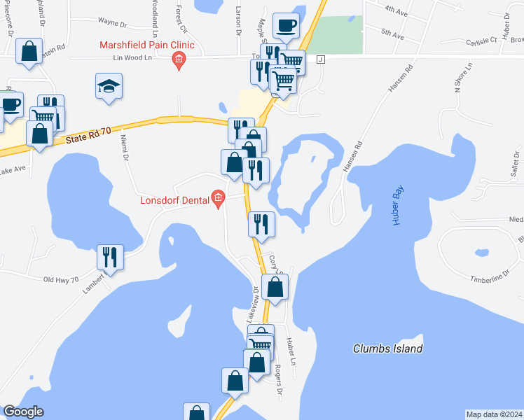 map of restaurants, bars, coffee shops, grocery stores, and more near in Minocqua