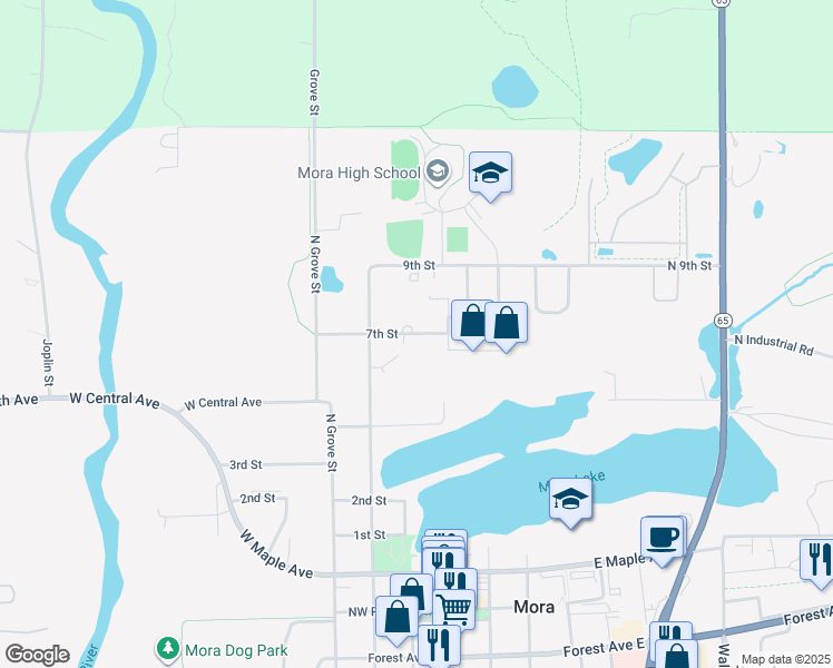 map of restaurants, bars, coffee shops, grocery stores, and more near 205 7th Street in Mora