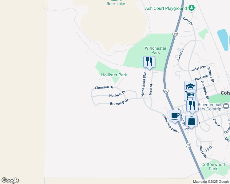 map of restaurants, bars, coffee shops, grocery stores, and more near 6954 Winchester Drive in Colstrip